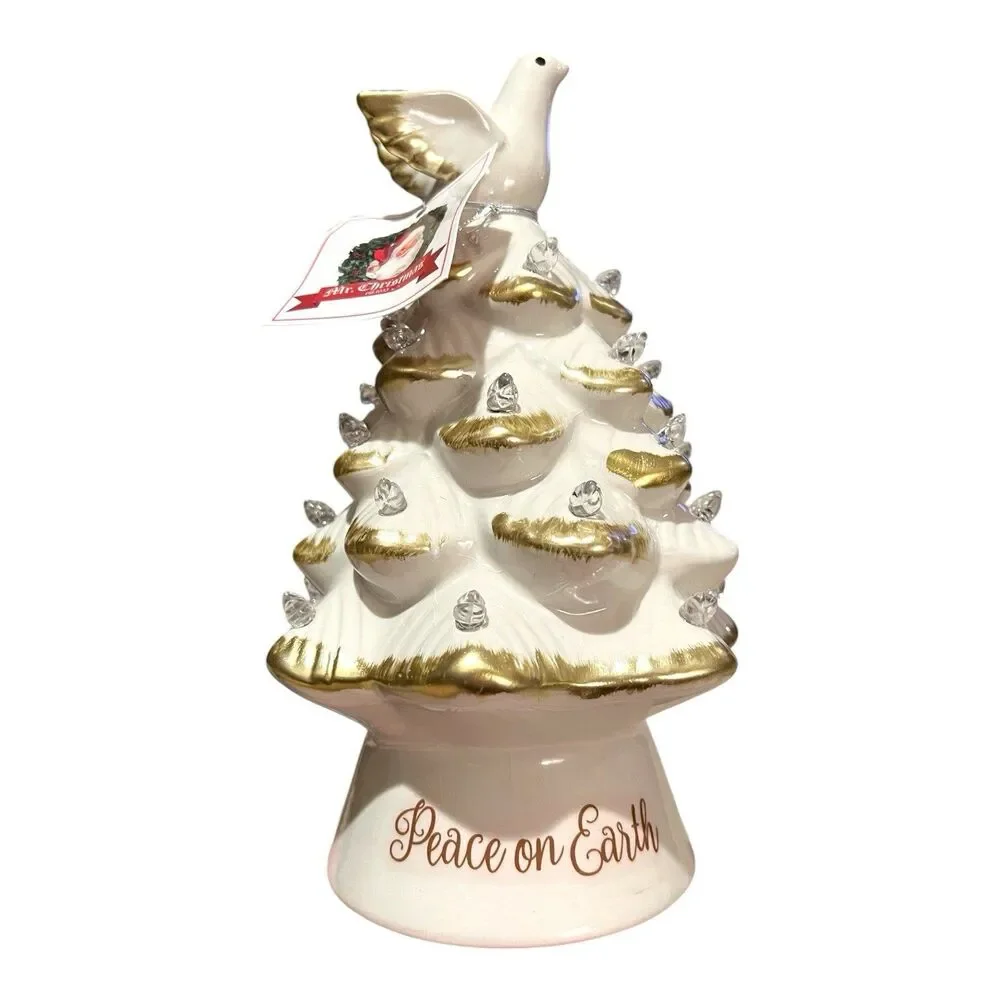 Mr Christmas Ceramic Christmas Tree Peace on Earth White Dove Lit Timer 8.5 x 5